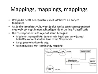 Mappings, mappings, mappings
• Wikipedia heeft een structuur met Infoboxes en andere
  templates
• Als je die templates vult, weet je dus welke term correspondeert
  met welk concept in een achterliggende ordening / classificatie
• Die correspondentie kun je tot stand brengen:
   • Met interlanguage links: deze term in het Engels verwijst naar
     hetzelfde concept als deze term in het Nederlands
   • Langs geautomatiseerde weg
   • Uit het publiek, met ‘community mapping’
 