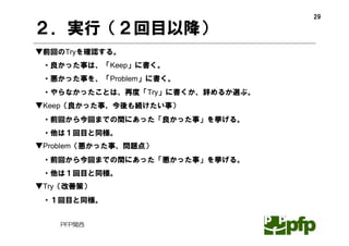 29

２．実行（２回目以降）
▼前回のTryを確認する。
 ・良かった事は、「Keep」に書く。
 ・悪かった事を、「Problem」に書く。
 ・やらなかったことは、再度「Try」に書くか、辞めるか選ぶ。
▼Keep（良かった事、今後も続けたい事）
 ・前回から今回までの間にあった「良かった事」を挙げる。
 ・他は１回目と同様。
▼Problem（悪かった事、問題点）
 ・前回から今回までの間にあった「悪かった事」を挙げる。
 ・他は１回目と同様。
▼Try（改善策）
 ・１回目と同様。


    PFP関西
 