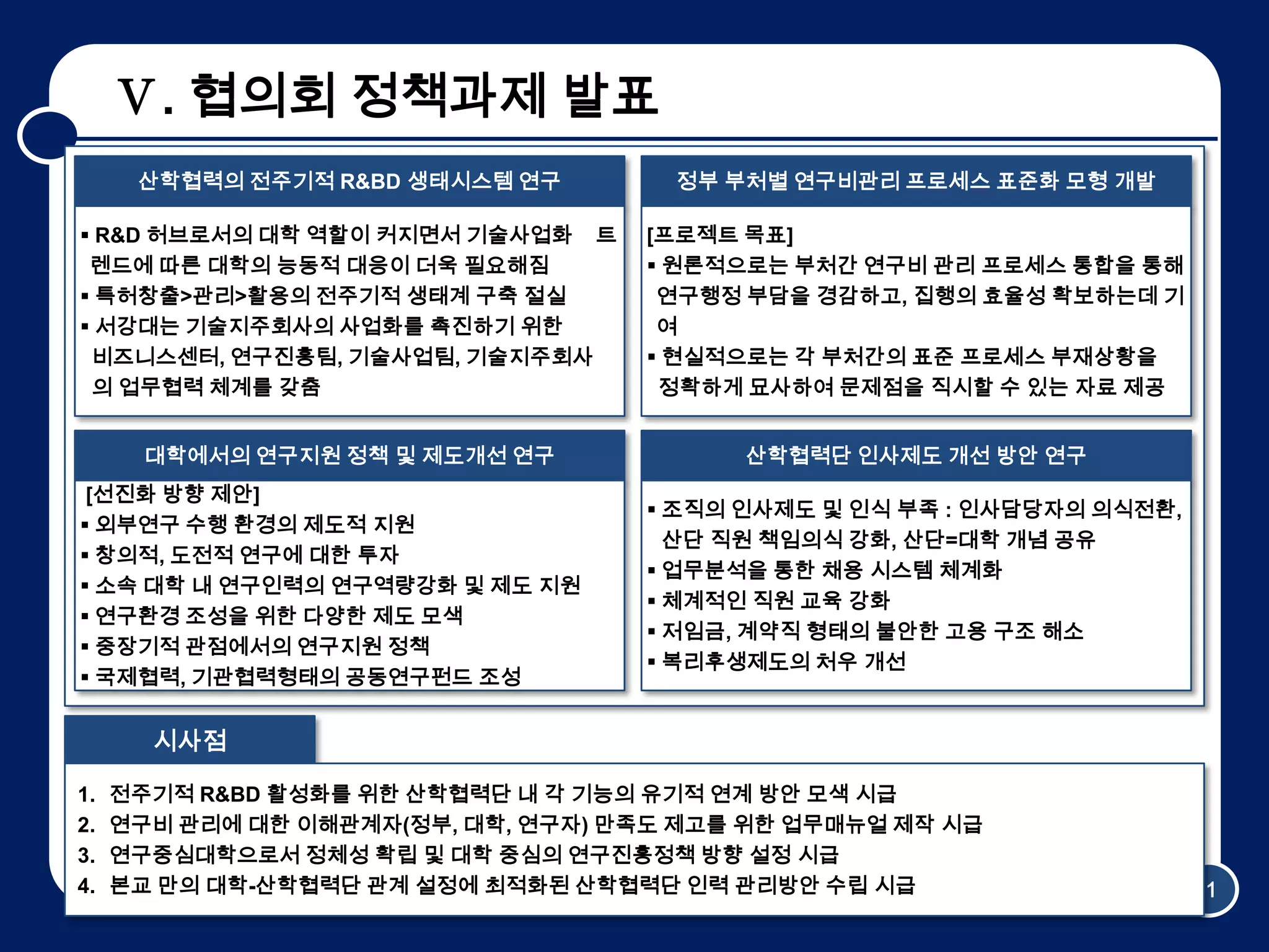 Ⅴ. 협의회 정책과제 발표
      산학협력의 전주기적 R&BD 생태시스템 연구        정부 부처별 연구비관리 프로세스 표준화 모형 개발

 R&D 허브로서의 대학 역할이 커지면서 기술사업화 트     [프로젝트 목표]
 렌드에 따른 대학의 능동적 대응이 더욱 필요해짐          원론적으로는 부처간 연구비 관리 프로세스 통합을 통해
 특허창출>관리>활용의 전주기적 생태계 구축 절실         연구행정 부담을 경감하고, 집행의 효율성 확보하는데 기
 서강대는 기술지주회사의 사업화를 촉진하기 위한          여
 비즈니스센터, 연구진흥팀, 기술사업팀, 기술지주회사        현실적으로는 각 부처간의 표준 프로세스 부재상황을
 의 업무협력 체계를 갖춤                       정확하게 묘사하여 문제점을 직시할 수 있는 자료 제공


       대학에서의 연구지원 정책 및 제도개선 연구            산학협력단 인사제도 개선 방안 연구
 [선진화 방향 제안]
                                     조직의 인사제도 및 인식 부족 : 인사담당자의 의식전환,
 외부연구 수행 환경의 제도적 지원
                                      산단 직원 책임의식 강화, 산단=대학 개념 공유
 창의적, 도전적 연구에 대한 투자
                                     업무분석을 통한 채용 시스템 체계화
 소속 대학 내 연구인력의 연구역량강화 및 제도 지원
                                     체계적인 직원 교육 강화
 연구환경 조성을 위한 다양한 제도 모색
                                     저임금, 계약직 형태의 불안한 고용 구조 해소
 중장기적 관점에서의 연구지원 정책
                                     복리후생제도의 처우 개선
 국제협력, 기관협력형태의 공동연구펀드 조성


       시사점

1.   전주기적 R&BD 활성화를 위한 산학협력단 내 각 기능의 유기적 연계 방안 모색 시급
2.   연구비 관리에 대한 이해관계자(정부, 대학, 연구자) 만족도 제고를 위한 업무매뉴얼 제작 시급
3.   연구중심대학으로서 정체성 확립 및 대학 중심의 연구진흥정책 방향 설정 시급
4.   본교 만의 대학-산학협력단 관계 설정에 최적화된 산학협력단 인력 관리방안 수립 시급                     11
 