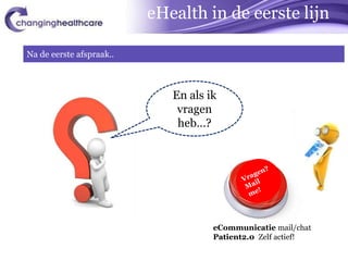 eHealth in de eerste lijn

Na de eerste afspraak..



                             En als ik
                              vragen
                              heb…?




                                     eCommunicatie mail/chat
                                     Patient2.0 Zelf actief!
 