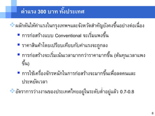 ค่าแรง 300 บาท ทังประเทศ
                      ้
ผลักดันให้คาแรงในกรุงเทพฯและจังหวัดสาคัญยังคงขึนอย่างต่อเนื่อง
            ่                                     ้
   การก่อสร้างแบบ Conventional จะเริมแพงขึน
                                      ่    ้
   ราคาสินค้าโดยเปรียบเทียบกับค่าแรงจะถูกลง
   การก่อสร้างจะเริมเน้นเวลามากกว่าราคามากขึน (ต้นทุนเวลาแพง
                    ่                         ้
    ขึน)
      ้
   การใช้เครืองจักรหนักในการก่อสร้างจะมากขีนเพือลดคนและ
              ่                              ้ ่
    ประหยัดเวลา
อัตราการว่างงานของประเทศไทยอยูในระดับต่าอยูแล้ว 0.7-0.8
                                  ่             ่


                                                                  8
 