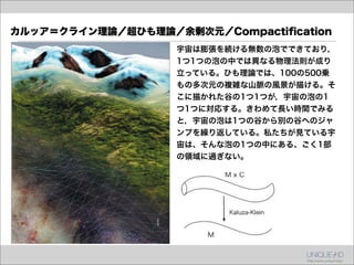 カルッア＝クライン理論／超ひも理論／余剰次元／Compactiﬁcation
                   宇宙は膨張を続ける無数の泡でできており，
                   1つ1つの泡の中では異なる物理法則が成り
                   立っている。ひも理論では、100の500乗
                   もの多次元の複雑な山脈の風景が描ける。そ
                   こに描かれた谷の1つ1つが，宇宙の泡の1
                   つ1つに対応する。きわめて長い時間でみる
                   と，宇宙の泡は1つの谷から別の谷へのジャ
                   ンプを繰り返している。私たちが見ている宇
                   宙は、そんな泡の1つの中にある、ごく1部
                   の領域に過ぎない。
 
