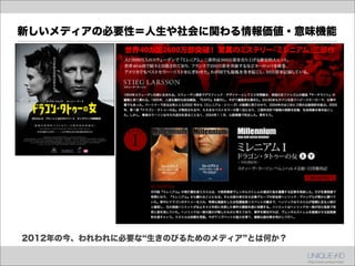 新しいメディアの必要性＝人生や社会に関わる情報価値・意味機能




2012年の今、われわれに必要な 生きのびるためのメディア とは何か？
 