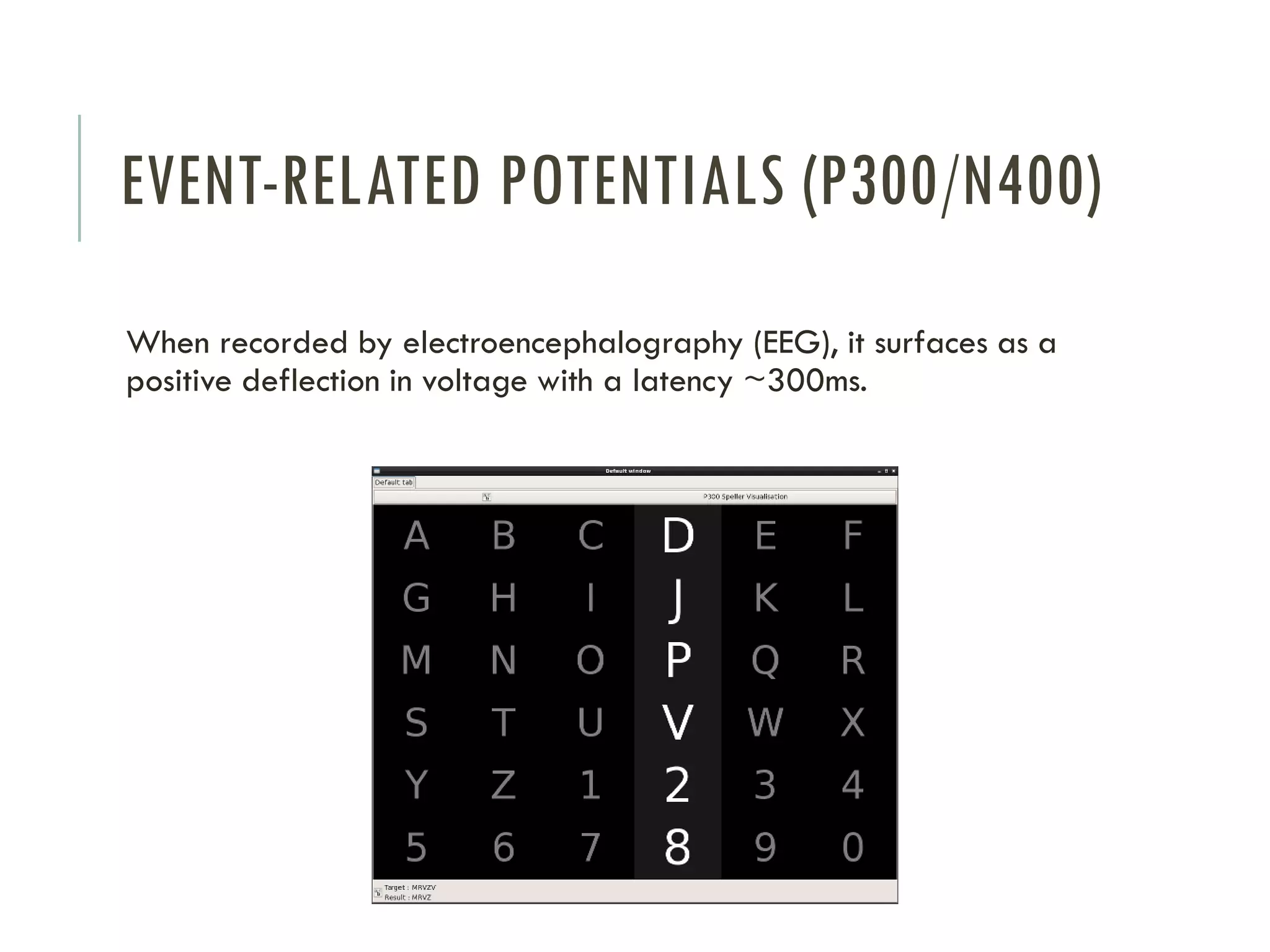 EVENT-RELATED POTENTIALS (P300/N400)
When recorded by electroencephalography (EEG), it surfaces as a
positive deflection in voltage with a latency ~300ms.

 