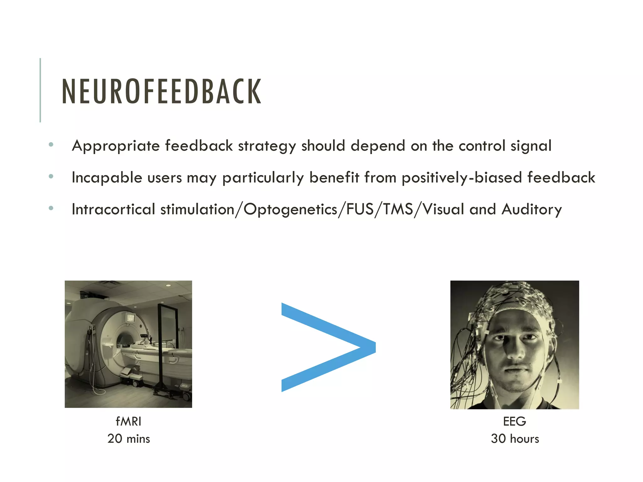 NEUROFEEDBACK
• Appropriate feedback strategy should depend on the control signal
• Incapable users may particularly benefit from positively-biased feedback

• Intracortical stimulation/Optogenetics/FUS/TMS/Visual and Auditory

fMRI
20 mins

>

EEG
30 hours

 