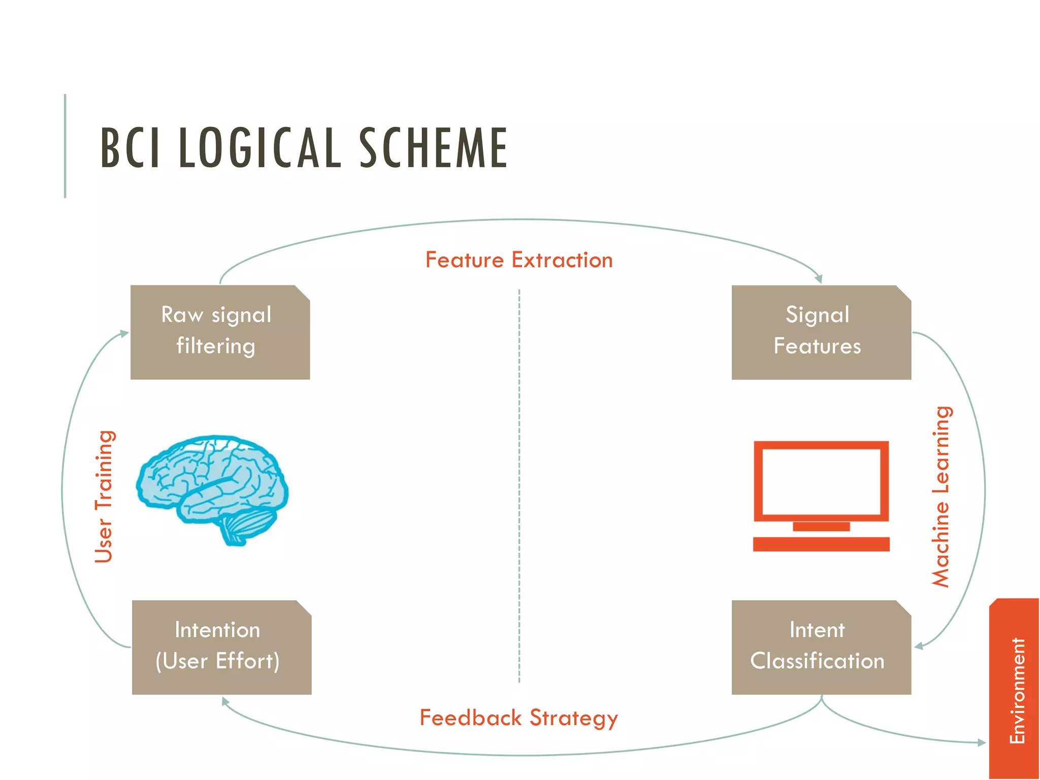 BCI LOGICAL SCHEME
Feature Extraction

Signal
Features

Intention
(User Effort)

Intent
Classification
Feedback Strategy

Environment

User Training

Machine Learning

Raw signal
filtering

 
