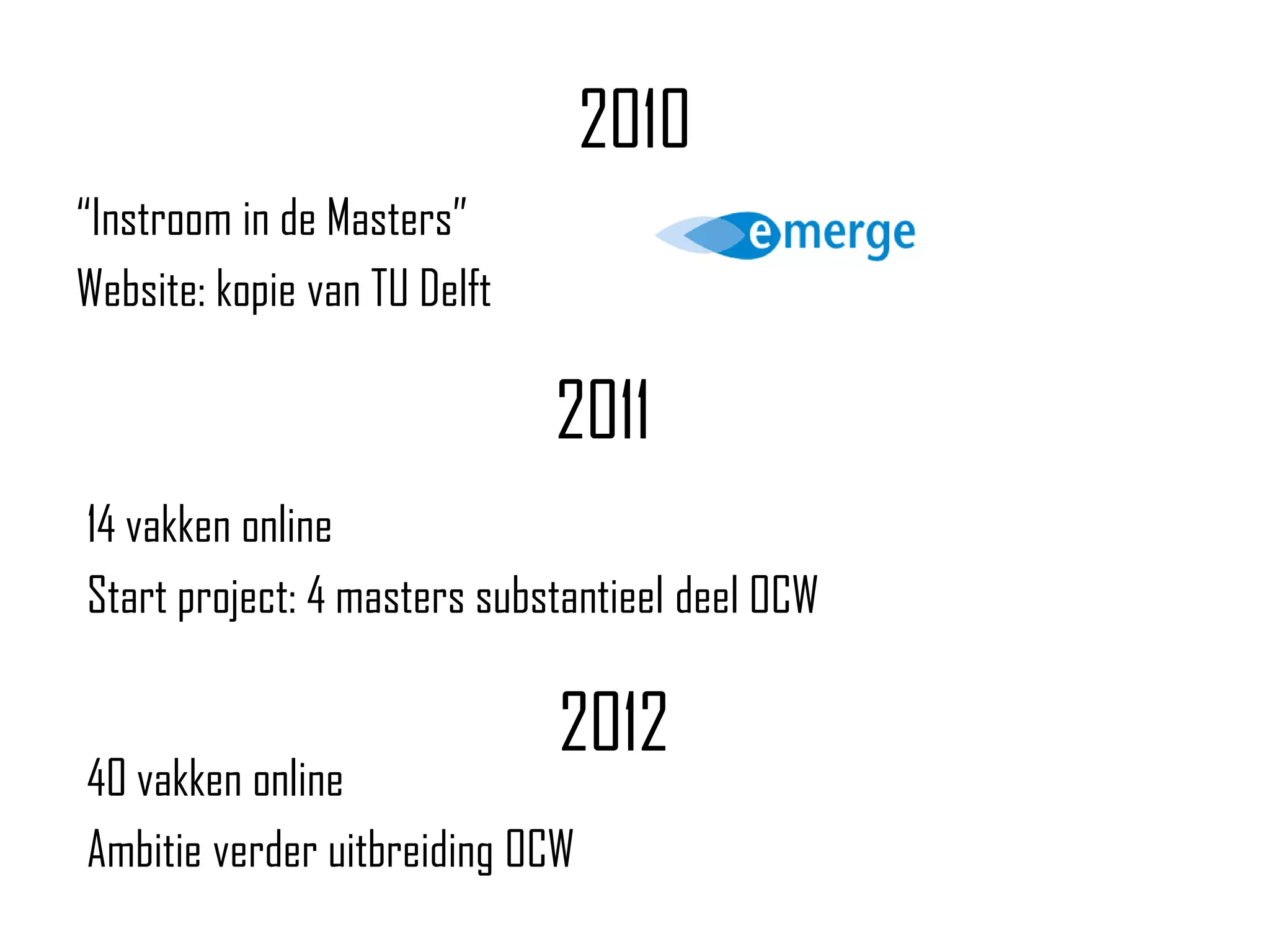 2010
“Instroom in de Masters”
Website: kopie van TU Delft

                              2011
14 vakken online
Start project: 4 masters substantieel deel OCW

                              2012
40 vakken online
Ambitie verder uitbreiding OCW
 