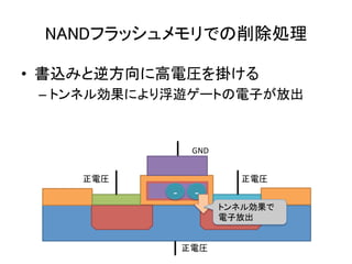 NANDフラッシュメモリでの削除処理	

•  書込みと逆方向に高電圧を掛ける	
  
 –  トンネル効果により浮遊ゲートの電子が放出	


                        GND	


     正電圧	
                             正電圧	
              	
  
             -­‐	
  
             	
          -­‐	
  
                                   トンネル効果で	
  
                                   電子放出	


                       正電圧	
 