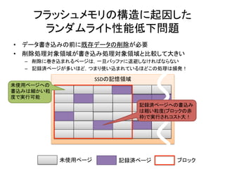 フラッシュメモリの構造に起因した	
  
     ランダムライト性能低下問題	
•  データ書き込みの前に既存データの削除が必要	
  
•  削除処理対象領域が書き込み処理対象領域と比較して大きい	
  
  –  削除に巻き込まれるページは，一旦バッファに退避しなければならない	
  
  –  記録済ページが多いほど，つまり使い込まれているほどこの処理は頻発！	
  

                   SSDの記憶領域	
  
未使用ページへの                	
  
書込みは細かい粒                	
  
度で実行可能	
                	
  
                        	
        記録済ページへの書込み
                        	
        は粗い粒度(ブロックの赤
                                  枠)で実行されコスト大！	
                        	
  
                        	
  
                        	
  
                       	


           未使用ページ	
       記録済ページ	
         ブロック	
 