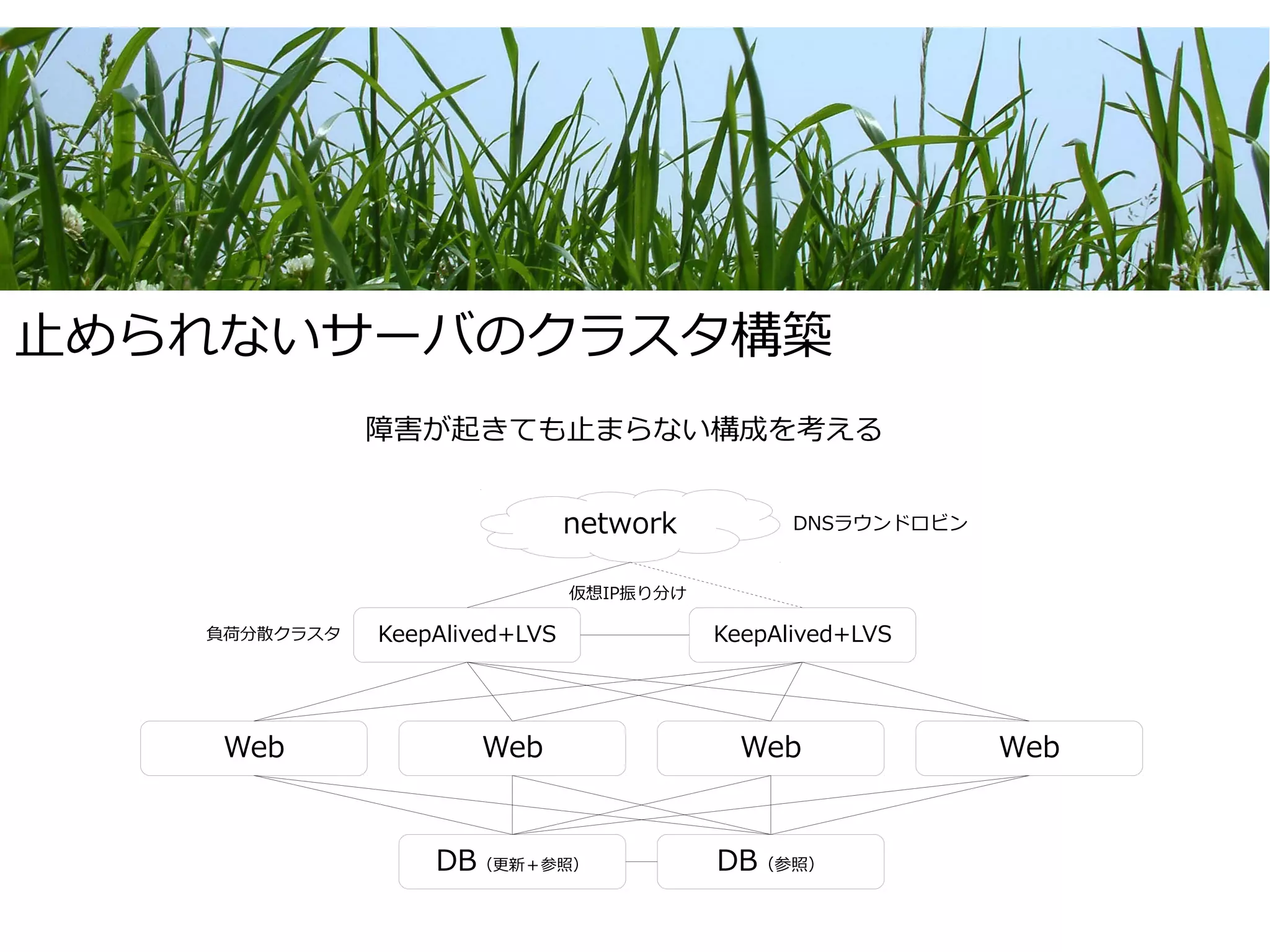 止められないサーバのクラスタ構築
              障害が起きても止まらない構成を考える


                               network          DNSラウンドロビン


                               仮想IP振り分け

   負荷分散クラスタ   KeepAlived+LVS              KeepAlived+LVS




    Web               Web                   Web              Web


                  DB（更新＋参照）               DB（参照）
 