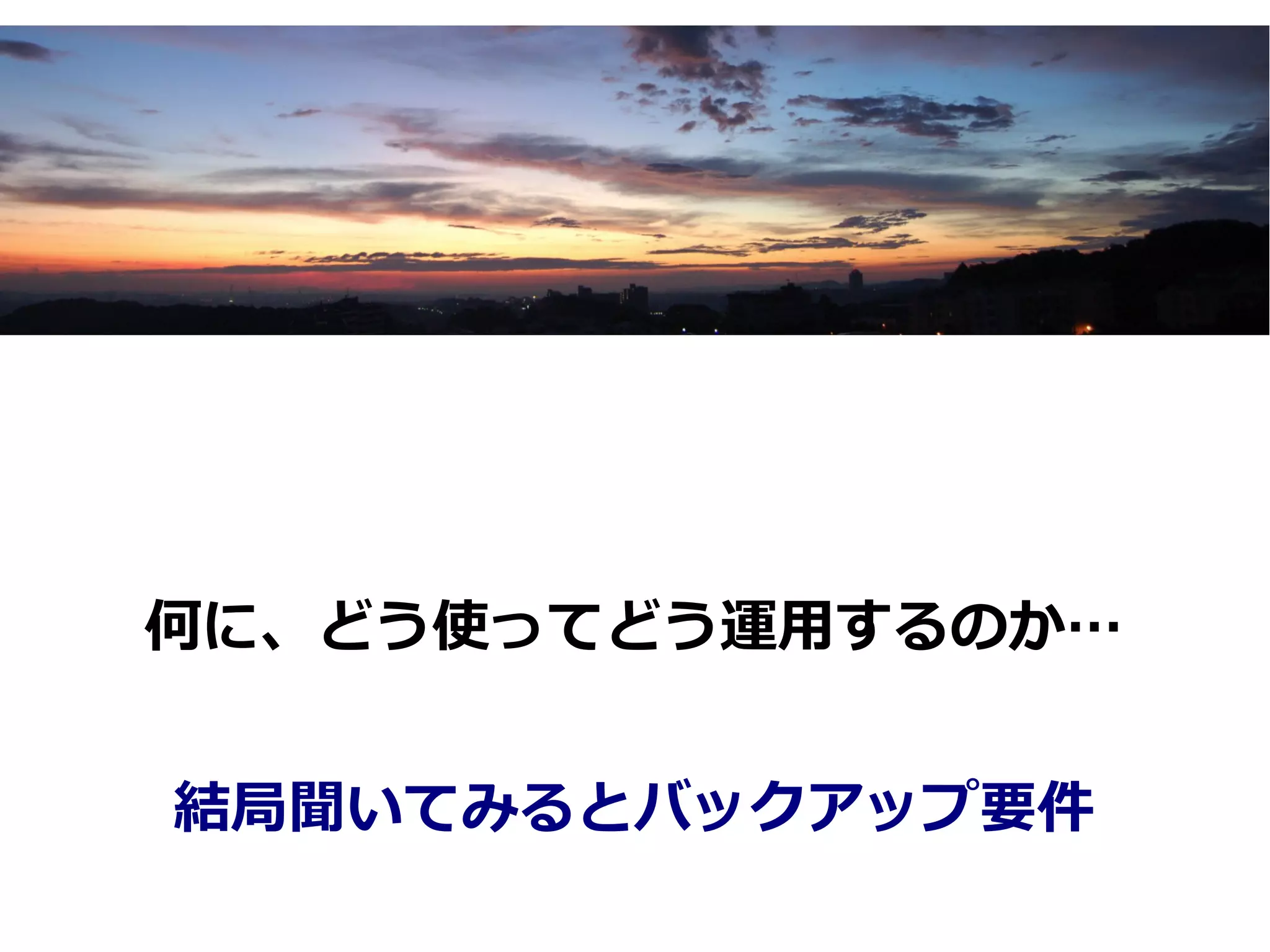 何に、どう使ってどう運用するのか…


結局聞いてみるとバックアップ要件
 