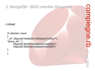 compiegne.rb 15 nov. 2012
2. MongoDB - BDD orientée Document



- Linked


  # collection ‘users’
  {
  "_id": ObjectId("4efa8d2b7d284dad101e4bc7"),
  "group_ids" : [
        ObjectId("50a4f7464efbbe201a000003"),
        ObjectId("50a4fd234efbbedd1a00000f")
  ],
  }
 