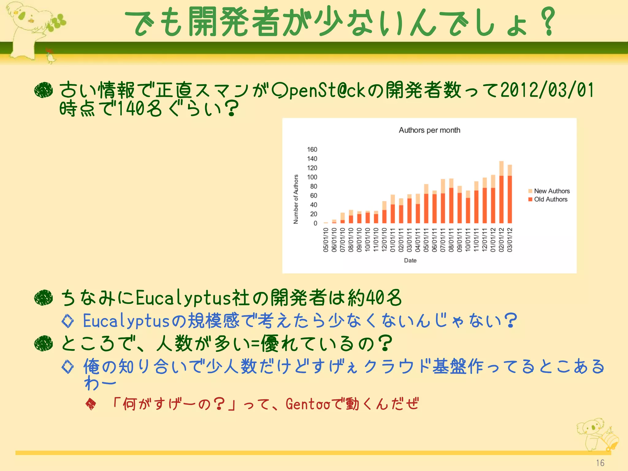 でも開発者が少ないんでしょ？

● 古い情報で正直スマンが○penSt@ckの開発者数って2012/03/01
  時点で140名ぐらい？




● ちなみにEucalyptus社の開発者は約40名
 ◇ Eucalyptusの規模感で考えたら少なくないんじゃない？
● ところで、人数が多い=優れているの？
 ◇ 俺の知り合いで少人数だけどすげぇクラウド基盤作ってるとこある
   わー
   ◆ 「何がすげーの？」って、Gentooで動くんだぜ


                                      16
 