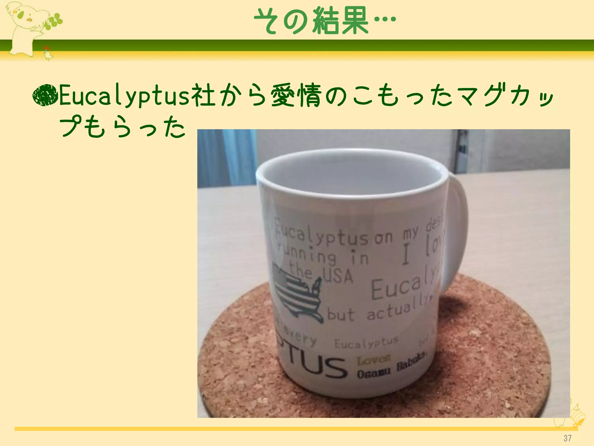 その結果…

●Eucalyptus社から愛情のこもったマグカッ
 プもらった




                            37
 