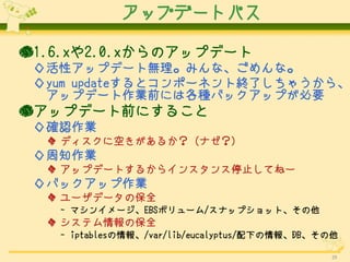 åץǩ`ȥѥ

1.6.x2.0.xΥåץǩ`
 ԥåץǩ`ȟoߤʡʡ
 yum updateȥݩ`ͥȽKˤ㤦顢
  åץǩ`IǰˤϸNХååפҪ
񥢥åץǩ`ǰˤ뤳
 _JI
   ǥ˿դ뤫 (ʥ)
 ֪I
   åץǩ`Ȥ뤫饤󥹥ֹͣƤͩ`
 ХååI
   `ǩ`αȫ
   - ޥ󥤥`EBSܥ`/ʥåץåȡ
   ƥαȫ
   - iptables/var/lib/eucalyptus/¤DB

                                               29
 