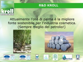 R&D KROLL



 Attualmente l’olio di palma è la migliore
fonte sostenibile per l’industria cosmetica.
      (Sempre meglio del petrolio!)
 