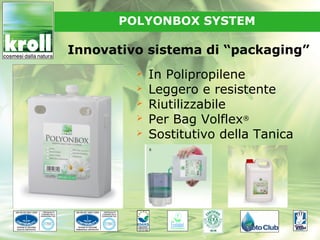 POLYONBOX SYSTEM

Innovativo sistema di “packaging”
            In Polipropilene
            Leggero e resistente
            Riutilizzabile
            Per Bag Volflex®
            Sostitutivo della Tanica
 