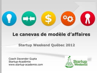 Le canevas de modèle d’affaires

      Startup Weekend Québec 2012



Coach Davender Gupta
Startup-Académie
www.startup-academie.com
 