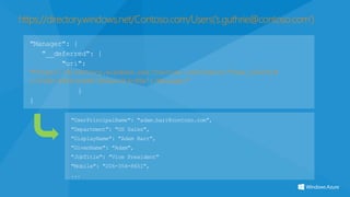 https://directory.windows.net/Contoso.com/Users(‘s.guthrie@contoso.com’)

  "Manager": {
     "__deferred": {
          "uri":
  "https://directory.windows.net/Contoso.com/Users('User_e42ffc4
  c-64d3-496b-b4d8-0b8ee343c98e')/Manager”
              }
  }

            "UserPrincipalName": "adam.barr@contoso.com",
            "Department": "US Sales",
            "DisplayName": "Adam Barr",
            "GivenName": "Adam",
            "JobTitle": "Vice President"
            "Mobile": "206-354-8651",
            ...
 