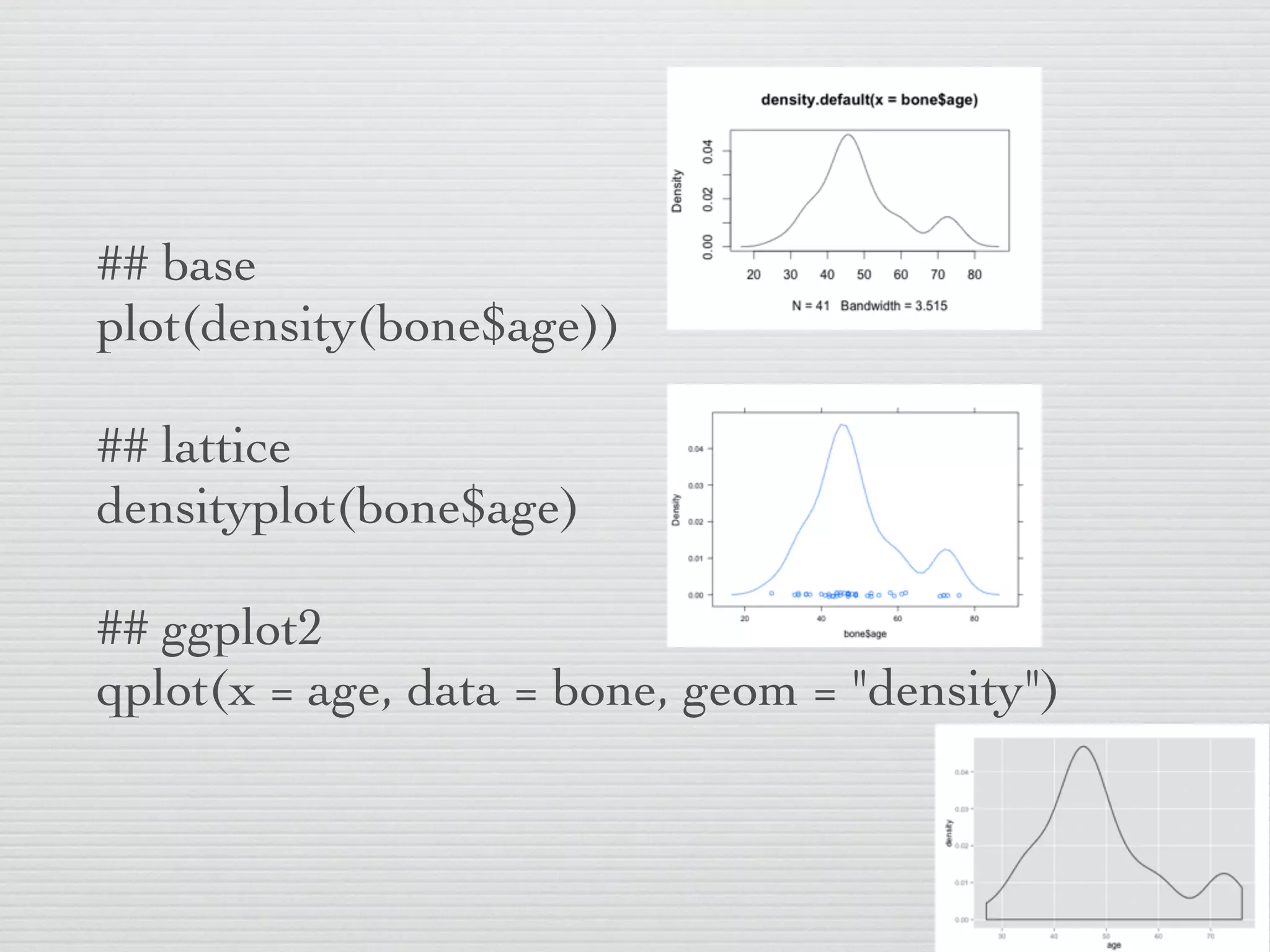 ## base
plot(density(bone$age))

## lattice
densityplot(bone$age)

## ggplot2
qplot(x = age, data = bone, geom = "density")
 