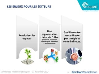 LES ENJEUX POUR LES ÉDITEURS
                                                                                         Trading Desk d’Omnicom Media




                                                 Une                  Equilibre entre
                   Revaloriser les          segmentation               vente directe
                      espaces              claire de l’offre           par la régie et
                                            (premium, inventaire
                                           contextuel et inventaire   vente indirecte.
                                              « performance »)




Conférences Tendances Stratégies - 27 Novembre 2012                      16
 