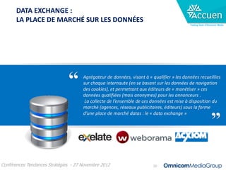 DATA EXCHANGE :
       LA PLACE DE MARCHÉ SUR LES DONNÉES
                                                                                           Trading Desk d’Omnicom Media




                                      Agrégateur de données, visant à « qualifier » les données recueillies
                                      sur chaque internaute (en se basant sur les données de navigation
                                      des cookies), et permettant aux éditeurs de « monétiser » ces
                                      données qualifiées (mais anonymes) pour les annonceurs .
                                       La collecte de l’ensemble de ces données est mise à disposition du
                                      marché (agences, réseaux publicitaires, éditeurs) sous la forme
                                      d’une place de marché datas : le « data exchange »




Conférences Tendances Stratégies - 27 Novembre 2012                      20
 