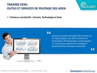 TRADING DESK:
       OUTILS ET SERVICES DE PILOTAGE DES ADEX.
                                                                                        Trading Desk d’Omnicom Media




       • 3 facteurs constitutifs : Humain, Technologie et Data




                                                      Agence ou société spécialisée dans l’achat sur
                                                      les AdExchanges et les SSP. Ils utilisent les
                                                      technologies DSP disponibles ou développées
                                                      en interne pour optimiser les campagnes
                                                      publicitaires des annonceurs (mandat)




Conférences Tendances Stratégies - 27 Novembre 2012                   26
 