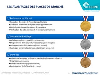 LES AVANTAGES DES PLACES DE MARCHÉ
                                                                                       Trading Desk d’Omnicom Media




       1/ Performances d’achat
         • Réduction des coûts de l’inventaire publicitaire
         • Accès des inventaires d’impressions supplémentaires
         • Optimisation des performances de campagne
         • Vérification des sites achetés et de leurs environnements


       2/ Couverture & ciblage
         • Achat des audiences qualifiées uniquement
         • Elargissement de la couverture des campagnes (long tail)
         • Achat des inventaires premium (opportunités)
         • Reciblage, personnalisation des créations en temps réel


       3/ Données
         • Collecte de la donnée utilisateur, standardisation et centralisation
         • Insight consommateurs
         • Plateforme technologique commune;
         • Déduplication de l’efficacité des canaux


Conférences Tendances Stratégies - 27 Novembre 2012                               29
 