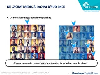 DE L’ACHAT MEDIA À L’ACHAT D’AUDIENCE
                                                                                Trading Desk d’Omnicom Media




       • Du médiaplanning à l’audience planning




             Chaque Impression est achetée “en fonction de sa Valeur pour le client”


Conférences Tendances Stratégies - 27 Novembre 2012              9
 