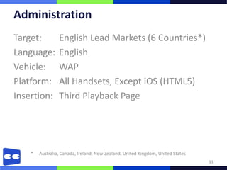 Administration
Target:          English Lead Markets (6 Countries*)
Language:        English
Vehicle:         WAP
Platform:        All Handsets, Except iOS (HTML5)
Insertion:       Third Playback Page




    *   Australia, Canada, Ireland, New Zealand, United Kingdom, United States
                                                                                 11
 