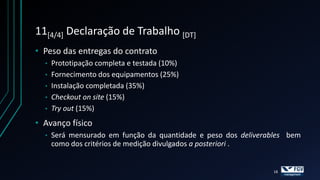11[4/4] Declaração de Trabalho [DT]
• Peso das entregas do contrato
  •   Prototipação completa e testada (10%)
  •   Fornecimento dos equipamentos (25%)
  •   Instalação completada (35%)
  •   Checkout on site (15%)
  •   Try out (15%)
• Avanço físico
  •   Será mensurado em função da quantidade e peso dos deliverables bem
      como dos critérios de medição divulgados a posteriori .


                                                                18
 