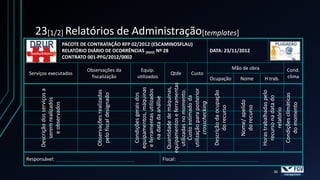 Descrição dos serviços a
                         serem realizados




     Responsável:
                           e observados

                                                         Serviços executados




                      Observações realizadas
                       pelo fiscal designado
                                                       fiscalização
                                                     Observações da
                                                                                         CONTRATO 001-PFG/2012/0002




                        Condições gerais dos
                     equipamentos, máquinas
                                                      Equip.




                      e ferramentas utilizados
                                                     utilizados




                         na data da análise
                                                                                         RELATÓRIO DIÁRIO DE OCORRÊNCIAS [RDO] Nº 28




                     Quantidade de máquinas,
     Fiscal:


                    equipamentos e ferramentas
                                                         Qtde




                      utilizadas no momento.
                                                                                         PACOTE DE CONTRATAÇÃO RFP 02/2012 (ESCAMINOSFLAU)




                         Custo estimado da
                      utilização para posterior
                                                         Custo




                            crosschecking

                      Descrição da ocupação
                            do recurso
                                                  Ocupação
                                                                                                                                             23[1/2] Relatórios de Administração[templates]




                          Nome/ apelido
                                                                                                          DATA: 23/11/2012




                                                  Nome




                           do recurso
                                                                           Mão de obra




                      Horas trabalhadas pelo
                        recurso na data do
36
                                                  H trab.




                             relatório
                       Condições climáticas
                           do momento
                                                     clima
                                                     Cond.
 