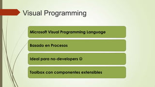 Visual Programming

 Microsoft Visual Programming Language


 Basado en Procesos


 Ideal para no-developers 


 Toolbox con componentes extensibles
 