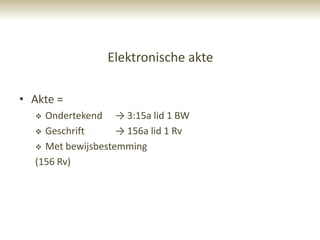 Elektronische akte

• Akte =
   Ondertekend → 3:15a lid 1 BW
   Geschrift      → 156a lid 1 Rv
   Met bewijsbestemming

  (156 Rv)
 
