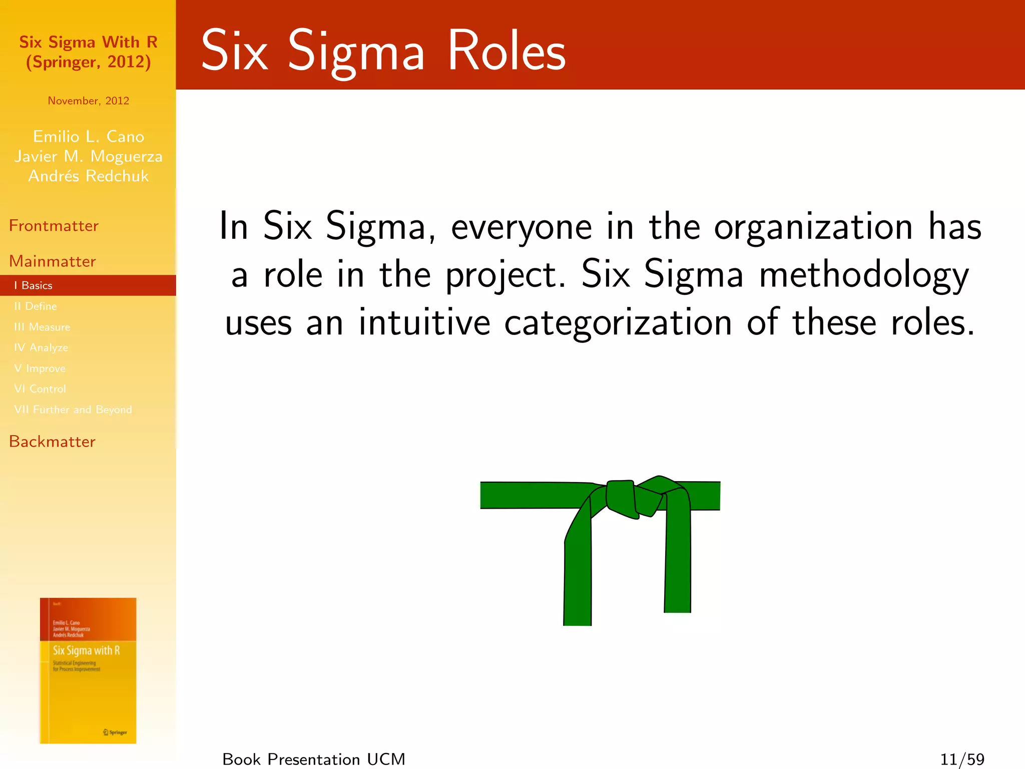 Six Sigma With R
  (Springer, 2012)       Six Sigma Roles
      November, 2012


  Emilio L. Cano
Javier M. Moguerza
  Andr´s Redchuk
       e

Frontmatter              In Six Sigma, everyone in the organization has
Mainmatter
I Basics                  a role in the project. Six Sigma methodology
II Deﬁne
III Measure
IV Analyze
                          uses an intuitive categorization of these roles.
V Improve
VI Control
VII Further and Beyond

Backmatter




                         Book Presentation UCM                         11/59
 