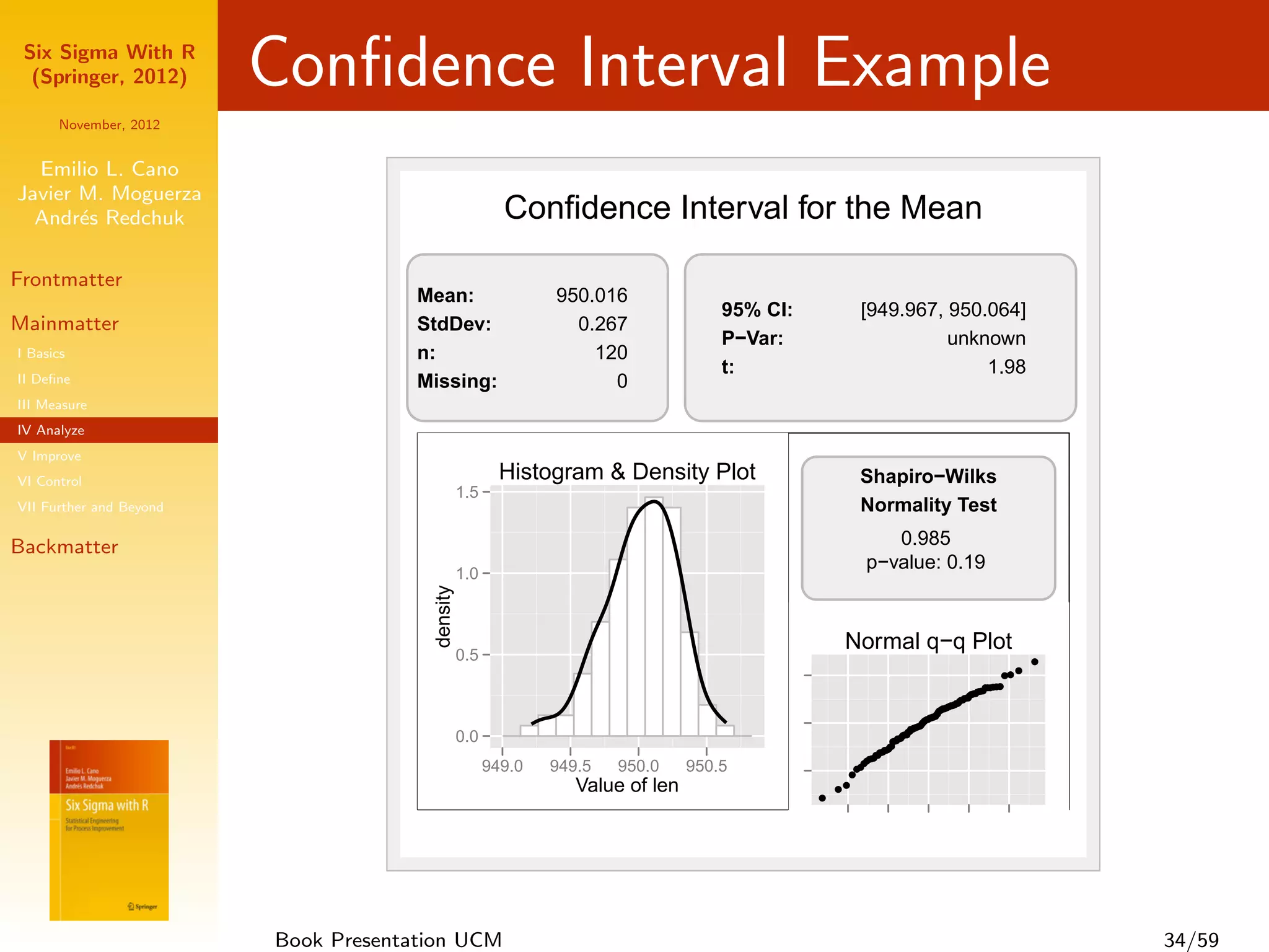 Six Sigma With R
  (Springer, 2012)       Conﬁdence Interval Example
      November, 2012


  Emilio L. Cano
Javier M. Moguerza
  Andr´s Redchuk
       e                                                 Confidence Interval for the Mean

Frontmatter
                                      Mean:                    950.016
                                                                                     95% CI:            [949.967, 950.064]
Mainmatter                            StdDev:                    0.267
                                                                                     P−Var:                       unknown
I Basics                              n:                           120
                                                                                     t:                               1.98
II Deﬁne                              Missing:                       0
III Measure
IV Analyze
V Improve
VI Control                                               Histogram & Density Plot                       Shapiro−Wilks
                                                 1.5
VII Further and Beyond                                                                                  Normality Test

Backmatter                                                                                                  0.985
                                                                                                         p−value: 0.19
                                                 1.0
                                       density




                                                                                                     Normal q−q Plot
                                                 0.5                                                                                        q
                                                                                                                                     qq q
                                                                                                                               qq
                                                                                                                              qq qq q
                                                                                                                                qq q
                                                                                                                                 qq
                                                                                                                              qq
                                                                                                                             qq
                                                                                                                             qq
                                                                                                                            qq
                                                                                                                           qq
                                                                                                                           qq
                                                                                                                           qq
                                                                                                                          qq
                                                                                                                          qq
                                                                                                                         qq
                                                                                                                         qq
                                                                                                                        qq
                                                                                                                        qq
                                                                                                                       q
                                                                                                                       q
                                                                                                                      qq
                                                                                                                     qq
                                                                                                                     qq
                                                                                                                    qq
                                                                                                                  qq
                                                                                                                 qq
                                                                                                                 qq
                                                                                                                   q
                                                 0.0                                                            qq
                                                                                                               qq
                                                                                                              qqqq
                                                                                                              qq
                                                                                                             qq
                                                                                                             qq
                                                                                                              q
                                                                                                            qq
                                                                                                           qq
                                                                                                           qq
                                                                                                          qq
                                                                                                             q
                                                                                                         qq
                                                                                                         qq
                                                                                                        qq
                                                       949.0   949.5   950.0     950.5                 q
                                                                                                       q
                                                                                                      q
                                                                                                     q
                                                                  Value of len                 q
                                                                                                   qq




                         Book Presentation UCM                                                                                                  34/59
 