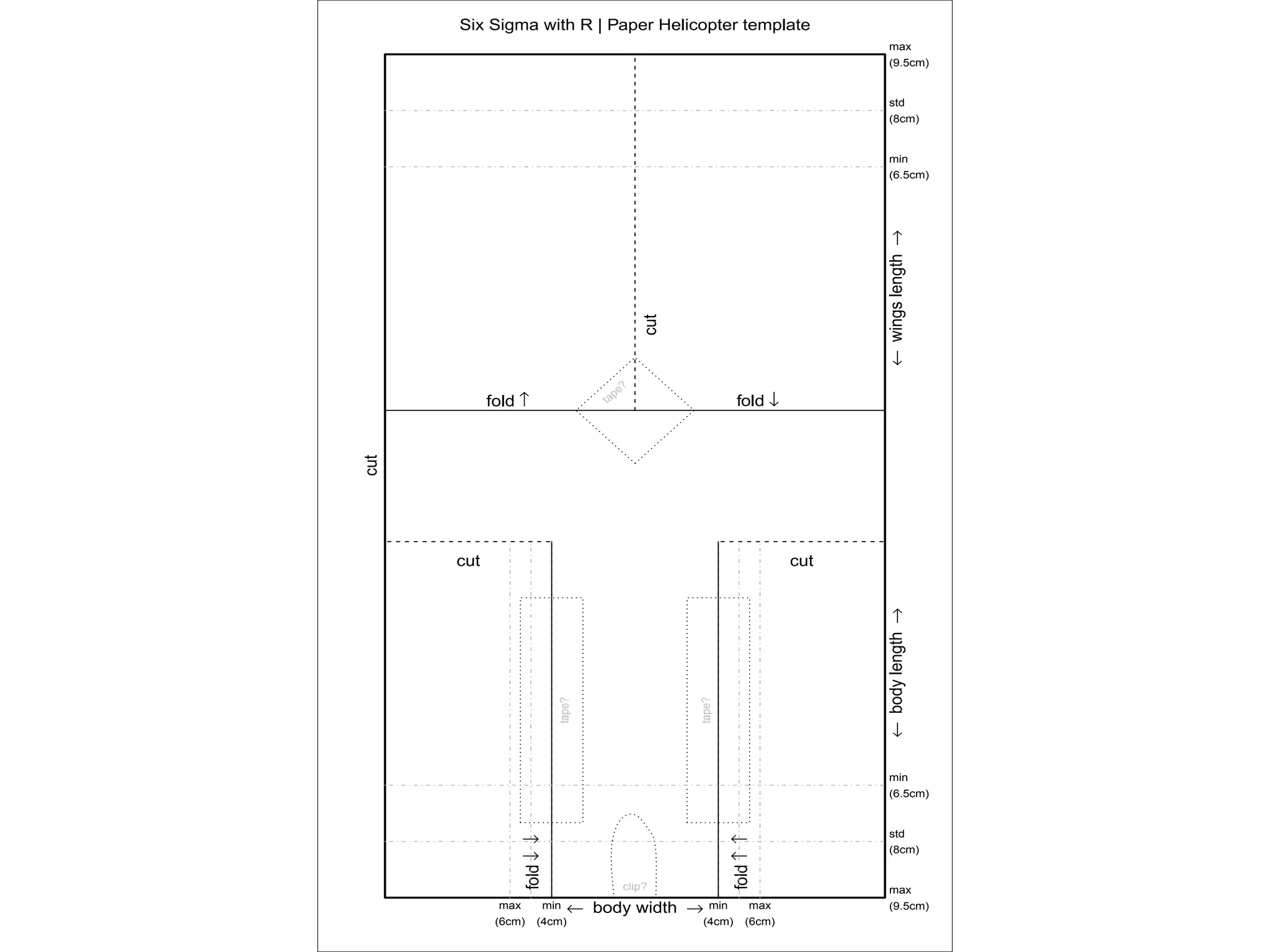 Six Sigma with R | Paper Helicopter template
                                                                                   max
                                                                                   (9.5cm)


                                                                                   std
                                                                                   (8cm)


                                                                                   min
                                                                                   (6.5cm)




                                                                                ← wings length →
                                              cut
                                         ?
                                     pe
            fold ↑                                             fold ↓




                                    ta
cut




      cut                                                                 cut




                                                                                ← body length →
                            tape?




                                                    tape?




                                                                                   min
                                                                                   (6.5cm)


                                                                                   std
                 fold ↓ ↓




                                                             fold ↑ ↑




                                                                                   (8cm)


                                          clip?                                    max
             max        min   ← body width →           min         max             (9.5cm)
             (6cm)    (4cm)                         (4cm)         (6cm)
 
