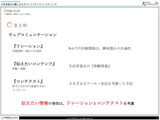 Owned Media Marketing
生活者視点が鍵となるオウンドメディアマーケティング


     情報の伝達
    信頼関係と興味から伝わる情報




             まとめ

        ウェブコミュニケーション

            『リレーション』
                                    Webでの信頼関係は、興味関心の共通性
            信頼関係・関心の共通性



            『伝えたいコンテンツ』
                                    生活者視点の『体験情報』
            体験・感動



            『コンテクスト』
                                    さまざまなツール・状況を考慮した手法
            相手に合わせた最適な手法・
            メッセージ




                        伝えたい情報の発信は、リレーションとコンテクストを考慮


                                  © DO HOUSE Inc. All rights reserved.   15
 