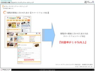 Owned Media Marketing
生活者視点が鍵となるオウンドメディアマーケティング


     オウンドメディアマーケティング
    生活者視点が鍵となる



            閲覧者環境に合わせた表示【スマートフォン対応】




                                                                         閲覧者の環境に合わせた表示方法
                                                                          スマートフォンページ対応


                                                                      『回遊率が１０％向上』




                                                                    セイコーオプティカルプロダクツ株式会社 快適視生活応援団
                                                                                   http://www.kaiteki-eye.jp/

                             © DO HOUSE Inc. All rights reserved.                                               21
 