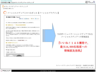 Owned Media Marketing
生活者視点が鍵となるオウンドメディアマーケティング


     オウンドメディアマーケティング
    生活者視点が鍵となる



            ソーシャルメディアとのつなぎこみ【ソーシャルプラグイン】




                                                                     生活者コミュニケーションメディアである
                                                                       ソーシャルメディアへの情報波及


                                                                     『いいね！１４５獲得で、
                                                                      最大14,000名程度への
                                                                       情報波及効果』




                                                                    セイコーオプティカルプロダクツ株式会社 快適視生活応援団
                                                                                   http://www.kaiteki-eye.jp/

                             © DO HOUSE Inc. All rights reserved.                                               22
 
