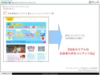 Owned Media Marketing
生活者視点が鍵となるオウンドメディアマーケティング


     オウンドメディアマーケティング
    生活者視点が鍵となる



            生活者視点コンテンツ【キュレーションコンテンツ】




                                                                      訴求したいポイントを
                                                                      生活者視点の目線で




                                                                      『20名のリアルな
                                                                    生活者の声をコンテンツ化』




                                                                      クラシエホールディングス株式会社 ねるね研究室
                                                                               http://www.nerune.jp/voice/

                             © DO HOUSE Inc. All rights reserved.                                            23
 