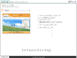 Owned Media Marketing
生活者視点が鍵となるオウンドメディアマーケティング


     Webメディアの進化
    企業の持つ情報を自由に発信できるWebサイト



         SNS(ソーシャル・ネットワーキング・サービス)

                                                   ・ソーシャルネットワーク
                                                   ⇒リアルの関係性をwebを通じて
                                                   ⇒つながりのきっかけ
                                                   ・指向性の同じ人のつながり
                                                   ・ソーシャルメディア
                                                   ・ターゲティング
                                                          ・
                                                          ・
                                                          ・




                             『リアルにログインする』

                                    © DO HOUSE Inc. All rights reserved.   6
 