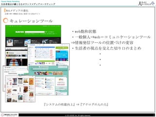Owned Media Marketing
生活者視点が鍵となるオウンドメディアマーケティング


     Webメディアの進化
    企業の持つ情報を自由に発信できるWebサイト



         キュレーションツール

                                            ・web飽和状態
                                            ・一般個人⇒web＝コミュニケーションツール
                                            ⇒情報発信ツールの位置づけの変容
                                            ・生活者の視点を交えた切り口のまとめ
                                                     ・
                                                     ・
                                                     ・




                             『システムの性能向上』⇒『アナログの人の力』


                                    © DO HOUSE Inc. All rights reserved.   7
 
