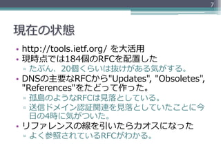 7




現在の状態
•  http://tools.ietf.org/  を⼤大活⽤用
•  現時点では184個のRFCを配置した
 ▫  たぶん、20個くらいは抜けがある気がする。
•  DNSの主要なRFCから"Updates",  "Obsoletes",  
   "References"をたどって作った。
 ▫  孤島のようなRFCは⾒見見落落としている。
 ▫  送信ドメイン認証関連を⾒見見落落としていたことに今
    ⽇日の4時に気がついた。
•  リファレンスの線を引いたらカオスになった
 ▫  よく参照されているRFCがわかる。
 