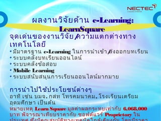 ผลงานวิจัยด้าน e-Learning:
LearnSquare
จุดเด่นของงานวิจัย/ความแตกต่างทาง
เทคโนโลยี
มีมาตรฐาน e-Learning ในการนำาเข้า/ส่งออกบทเรียน
ระบบคลังบทเรียนออนไลน์
ระบบคลังข้อสอบ
Mobile Learning
ระบบสนับสนุนการเรียนออนไลน์มากมาย
การนำาไปใช้ประโยชน์ต่างๆ
อาทิ เช่น บมจ. กสท โทรคมนาคม, โรงเรียนเตรียม
อุดมศึกษา เป็นต้น
หมายเหตุ Learn Square มูลค่าผลกระทบเท่ากับ 6,068,000
บาท พิจารณาเทียบราคากับ ซอฟต์แวร์ Proprietory ใน
 