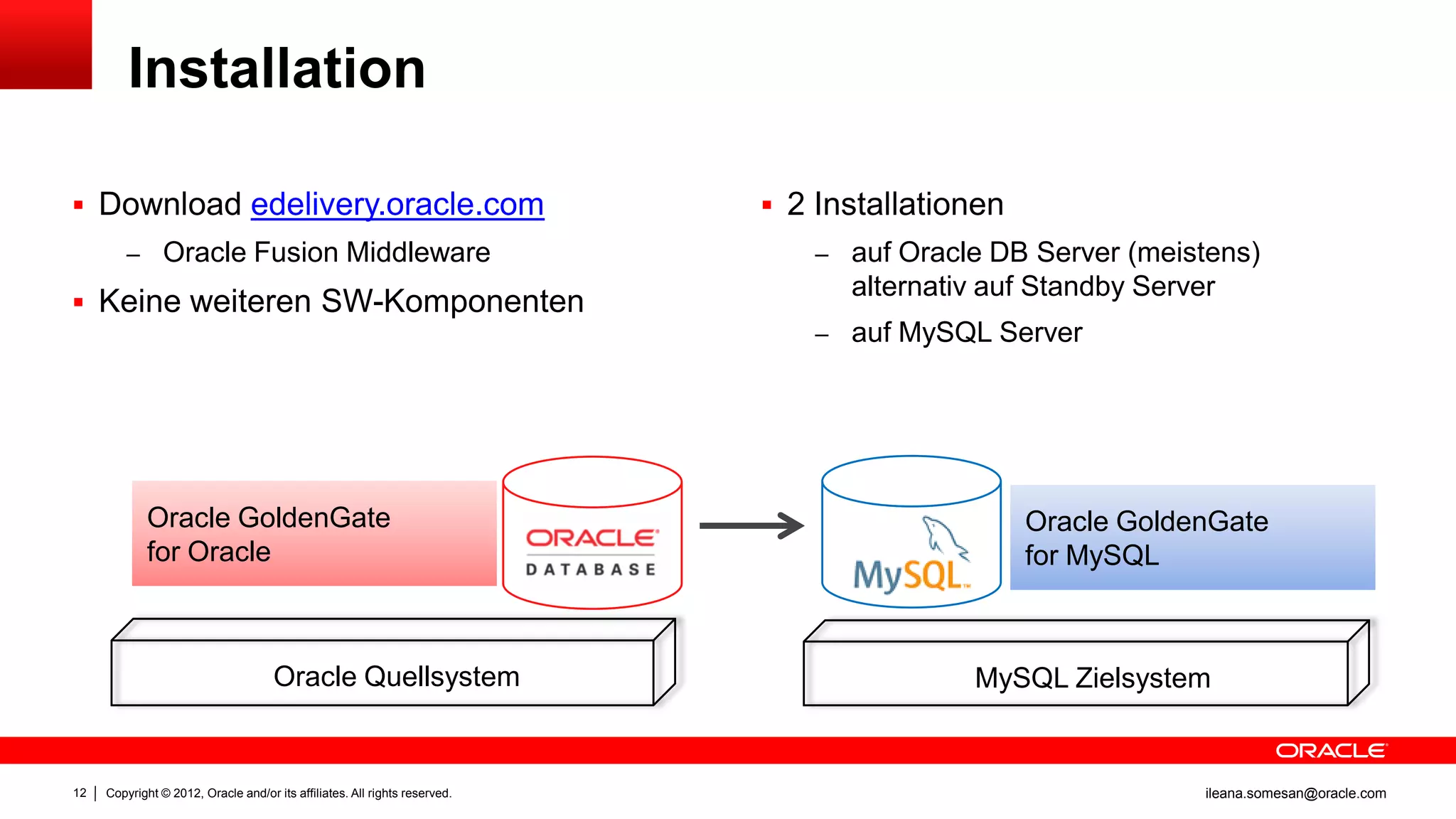 Installation

 Download edelivery.oracle.com                                              2 Installationen
         – Oracle Fusion Middleware                                             – auf Oracle DB Server (meistens)
                                                                                  alternativ auf Standby Server
 Keine weiteren SW-Komponenten
                                                                                – auf MySQL Server




             Oracle GoldenGate                                                                   Oracle GoldenGate
             for Oracle                                                                          for MySQL



                                     Oracle Quellsystem                                    MySQL Zielsystem


12   Copyright © 2012, Oracle and/or its affiliates. All rights reserved.                                     ileana.somesan@oracle.com
 