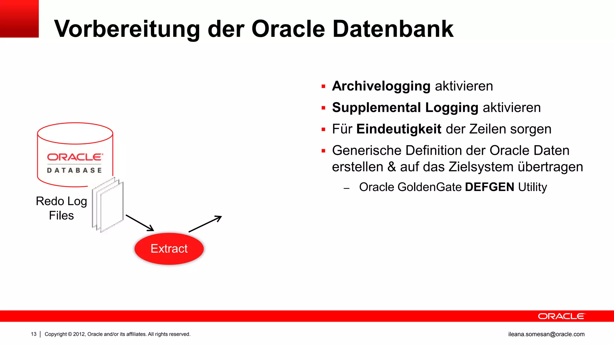 Vorbereitung der Oracle Datenbank

                                                                             Archivelogging aktivieren
                                                                             Supplemental Logging aktivieren
                                                                             Für Eindeutigkeit der Zeilen sorgen
                                                                             Generische Definition der Oracle Daten
                                                                             erstellen & auf das Zielsystem übertragen
                                                                               – Oracle GoldenGate DEFGEN Utility
 Redo Log
   Files

                                                      Extract




13   Copyright © 2012, Oracle and/or its affiliates. All rights reserved.                                 ileana.somesan@oracle.com
 