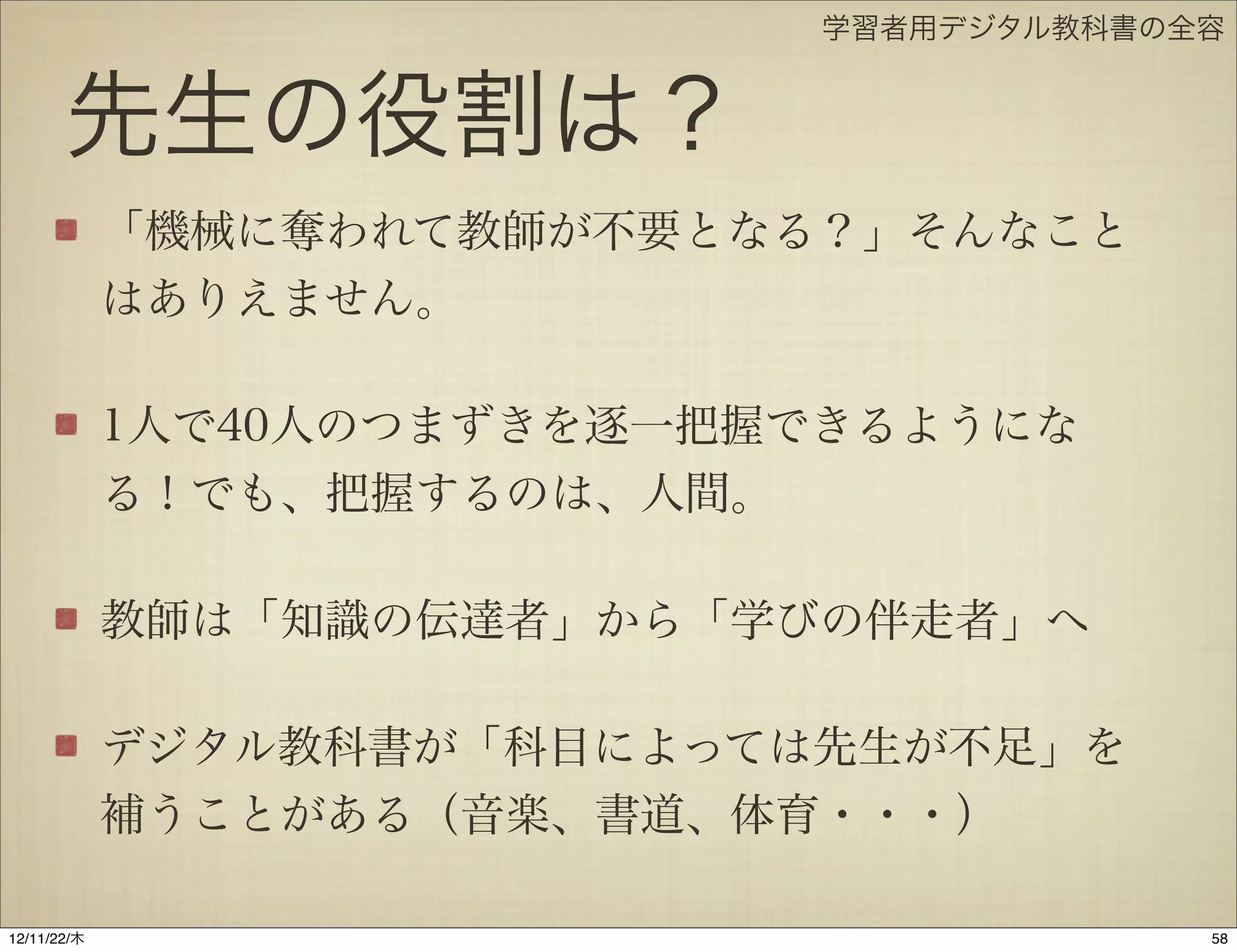 学習者用デジタル教科書の全容


       先生の役割は？
             「機械に奪われて教師が不要となる？」そんなことはあり
             えません。

             1人で40人のつまずきを逐一把握できるようになる！で
             も、把握するのは、人間。

             教師は「知識の伝達者」から『学びの伴走者』へ（眞壁）

             デジタル教科書が「科目によっては先生が不足」を補うこ
             とがある（音楽、書道、体育・・・）


12/11/23/金
 