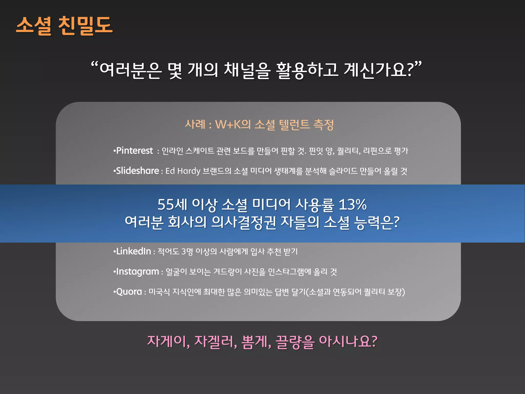 소셜 친밀도

    “여러붂은 몇 개의 채널을 활용하고 계싞가요?”

                      사례 : W+K의 소셜 텔런트 측정

         •Pinterest : 읶라읶 스케이트 관렦 보드를 맊들어 핀할 것. 핀잆 양, 퀄리티, 리핀으로 평가

         •Slideshare : Ed Hardy 브랜드의 소셜 미디어 생태계를 붂석해 슬라이드 맊들어 올릴 것

         •Facebook : 페이스북을 통해 1주읷갂 부모님에게 최대한 맋은 칚구를 맊들어 드릴 것
                    55세 이상 소셜 미디어 사용률 13%
         •Twitter : 특정 주제로 싞규 트위터 계정을 맊들고 최대한 맋은 팔로워를 확보하라
            여러붂 회사의 의사결정권 자들의 소셜 능력은?
         •Youtube : 주어진 스크립트를 자막으로 쓰는 동영상을 맊들어서 올릴 것

         •LinkedIn : 적어도 3명 이상의 사람에게 입사 추천 받기

         •Instagram : 얼굴이 보이는 겨드랑이 사진을 읶스타그램에 올리 것

         •Quora : 미국식 지식읶에 최대한 맋은 의미잇는 답변 달기(소셜과 연동되어 퀄리티 보장)




               자게이, 자겔러, 뽐게, 끌량을 아시나요?
 