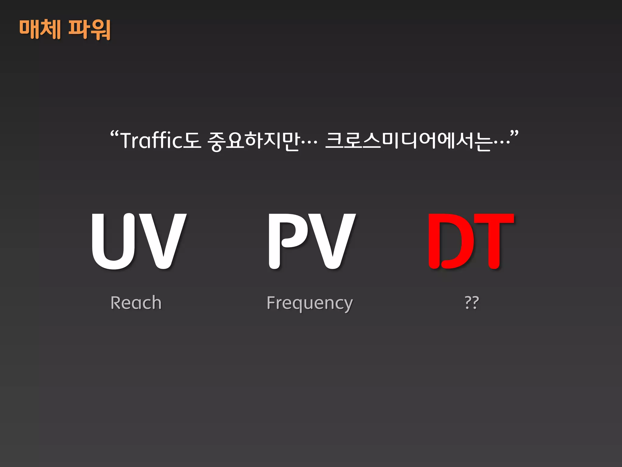 매체 파워



    “Traffic도 중요하지맊… 크로스미디어에서는…”




   UV
    Reach
              PV DT
              Frequency     ??
 